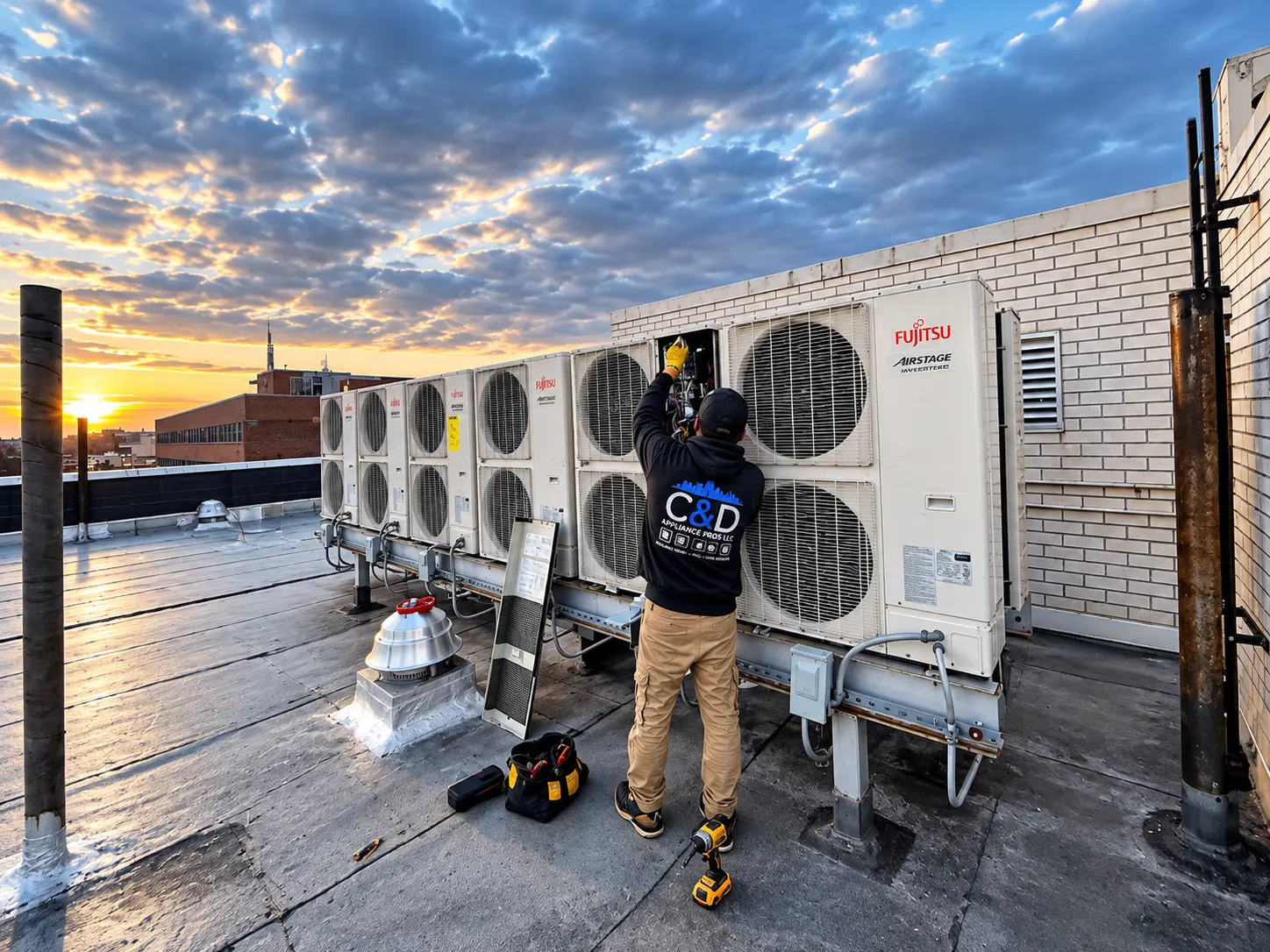 C&D Appliance Pros technician servicing rooftop VRF condensers at sunset